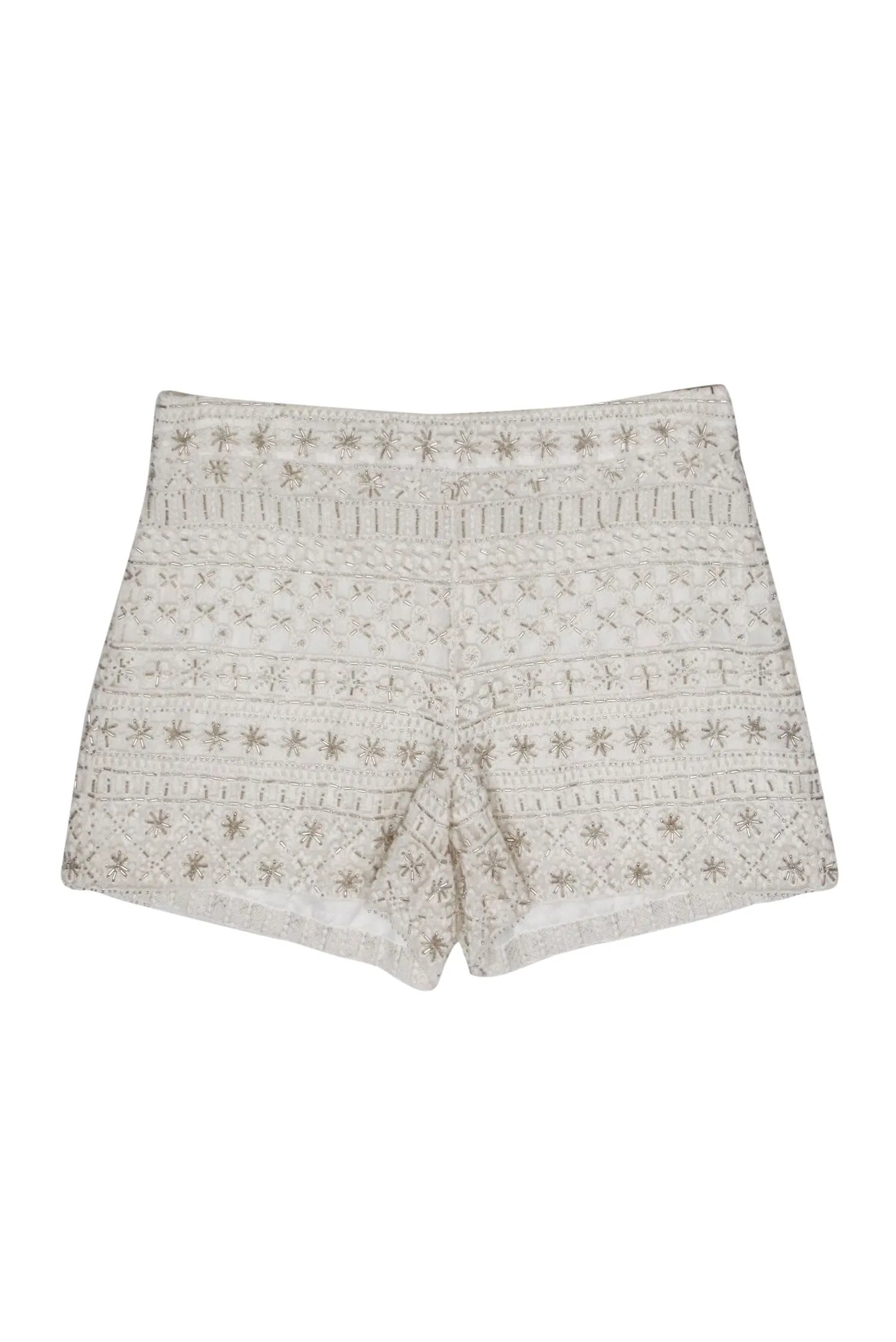 Alice & Olivia - White Floral Embroidered & Beaded Mesh High-Waist Shorts Sz 2