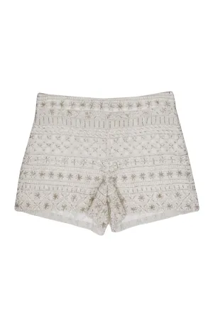 Alice & Olivia - White Floral Embroidered & Beaded Mesh High-Waist Shorts Sz 2