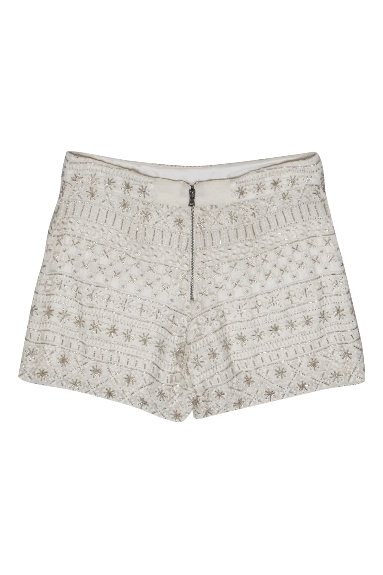 Alice & Olivia - White Floral Embroidered & Beaded Mesh High-Waist Shorts Sz 2