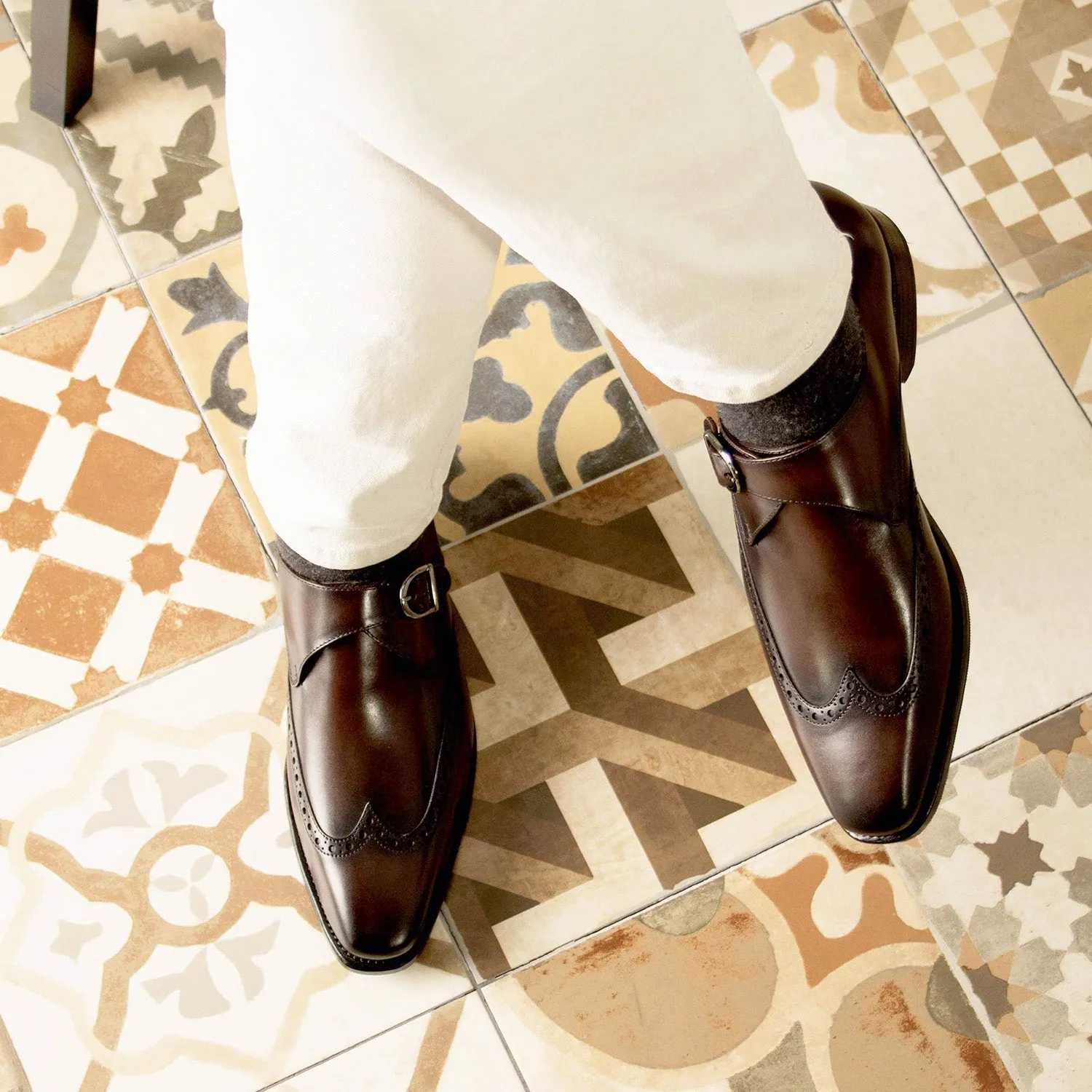 Ambrogio Bespoke Men's Shoes Dark Brown Calf-Skin Leather Monk-Strap Loafers (AMB2322)