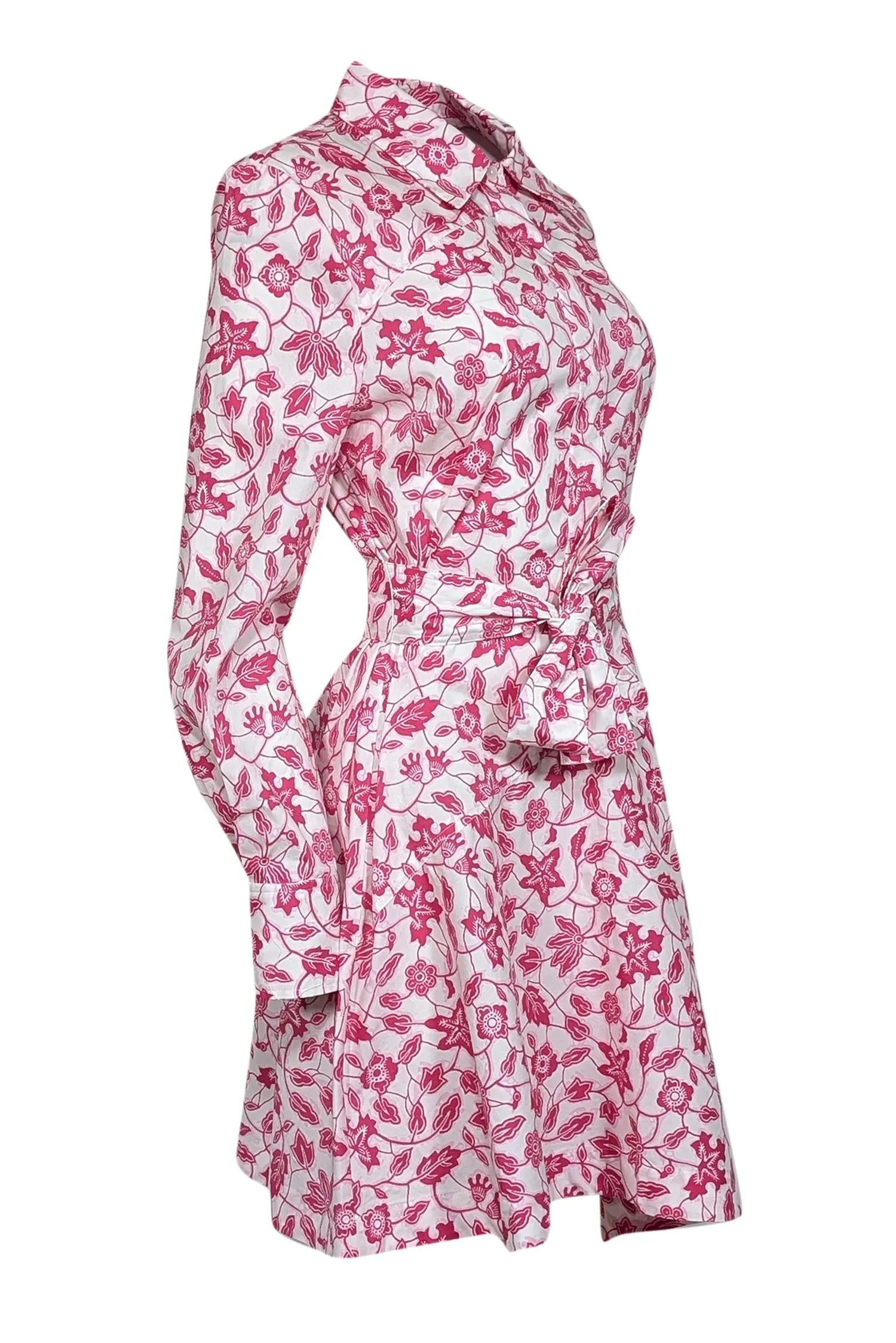 Derek Lam - White, Magenta, & Pink Floral Print Poplin Belted Shirtdress Sz 8