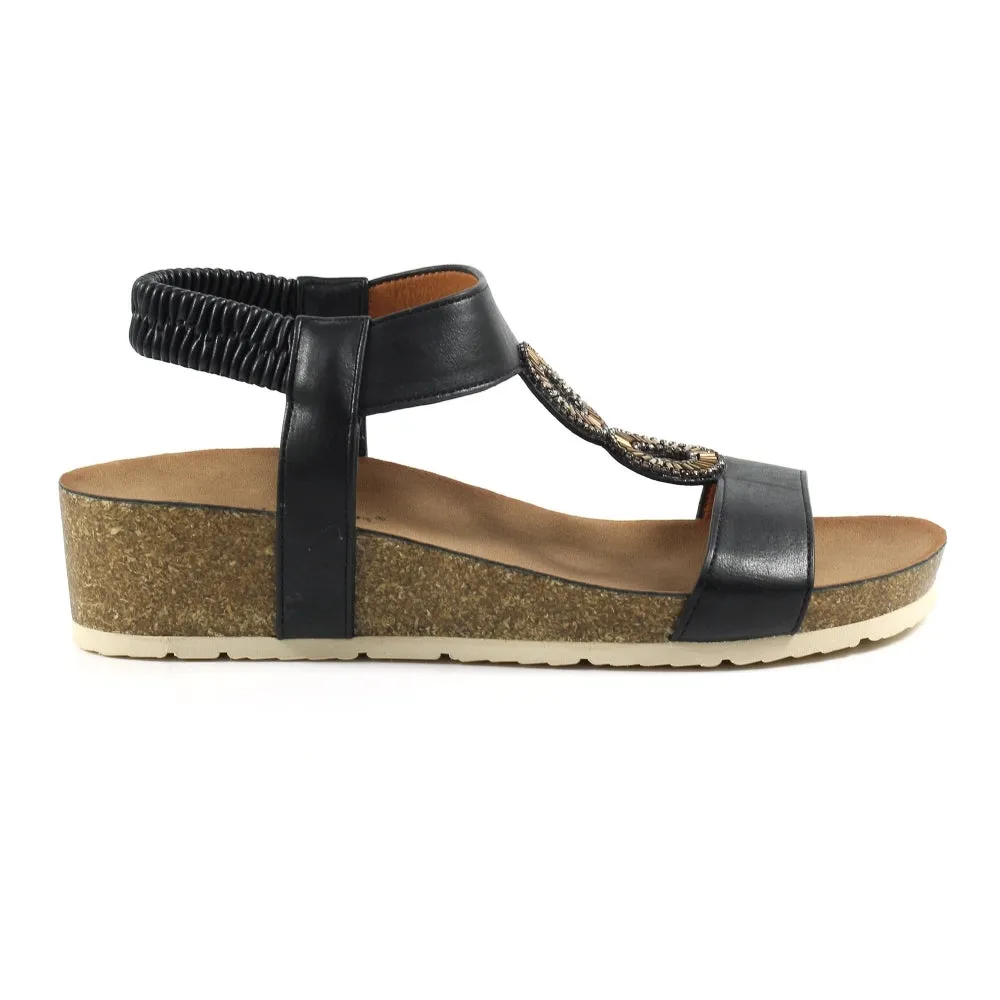 Lunar Barwell Ladies Black Low Wedge Sandal JLH359 BK