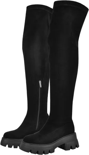 VERISSON Round Toe Low Block Heeled Thigh Boots Zip up Chunky Heels Tread Sole Fashion Booties