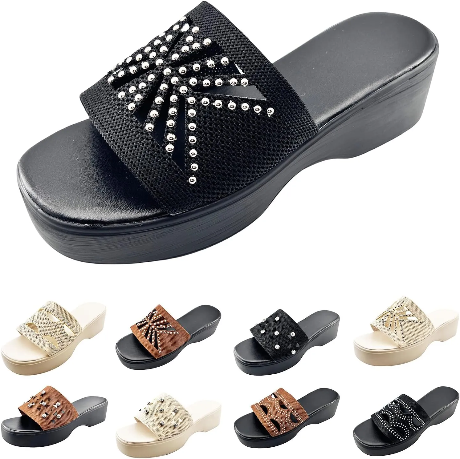 Women Platform Sandals Comfort Lightweight Ultra Cushion Slides Slippers Fashion Bling Rhinestone Jeweled Shoes Knit Summer Vacation Sandal for Beach,Garden,Pool,Easy Street