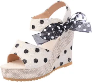 Women's Platform Wedge Sandals Polka Dot Wedge Bow Platform Sandals Elegant Floral Bow Tie Ankle Strap Shoes for Bride Wedding Christmas Halloween Party Favor